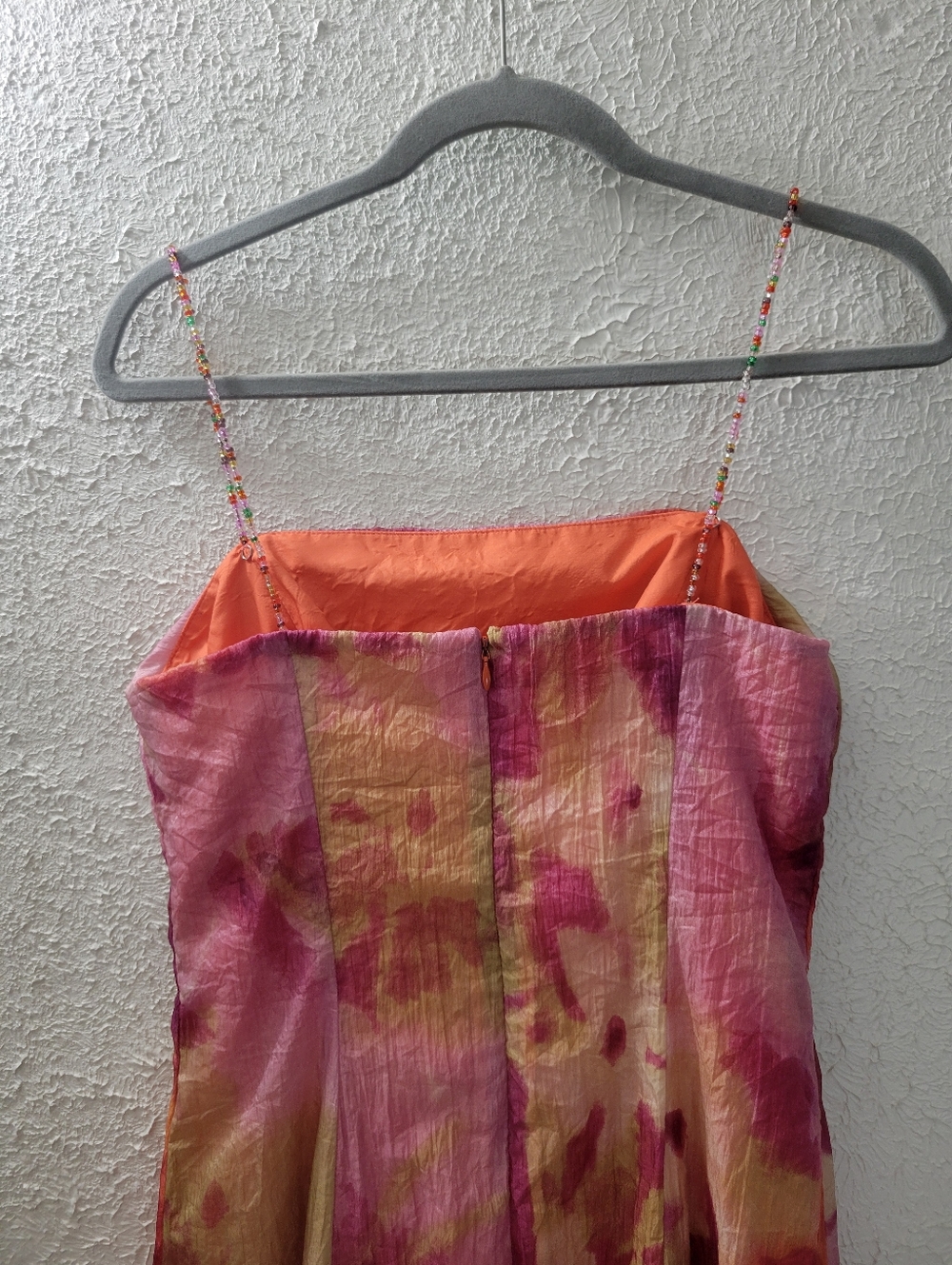Maggy London Sz 10 Long Maxi Dress Beaded Straps Pink & Orange Crinkle Chiffon - Picture 5 of 8